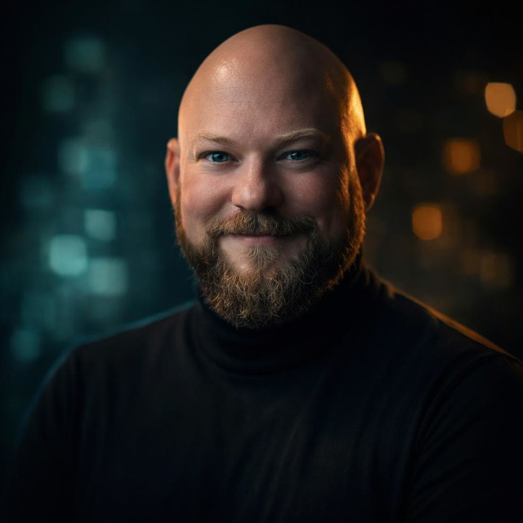 Jason Woltje — tech founder portrait, dark background
